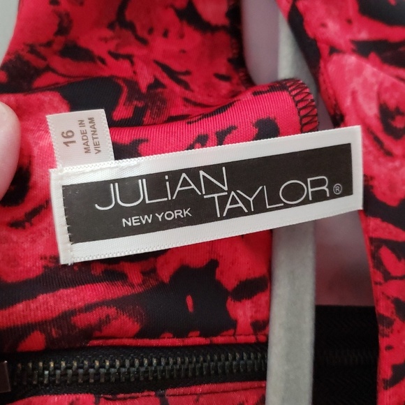 Julian Taylor Midi Dress 16 Red Black Gray Roses A-Line Wedding Guest Church - Picture 9 of 14